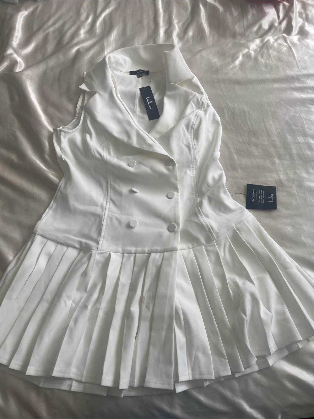Lulu’s Posh Vision White Sleeveless Blazer Pleated Mini Dress
